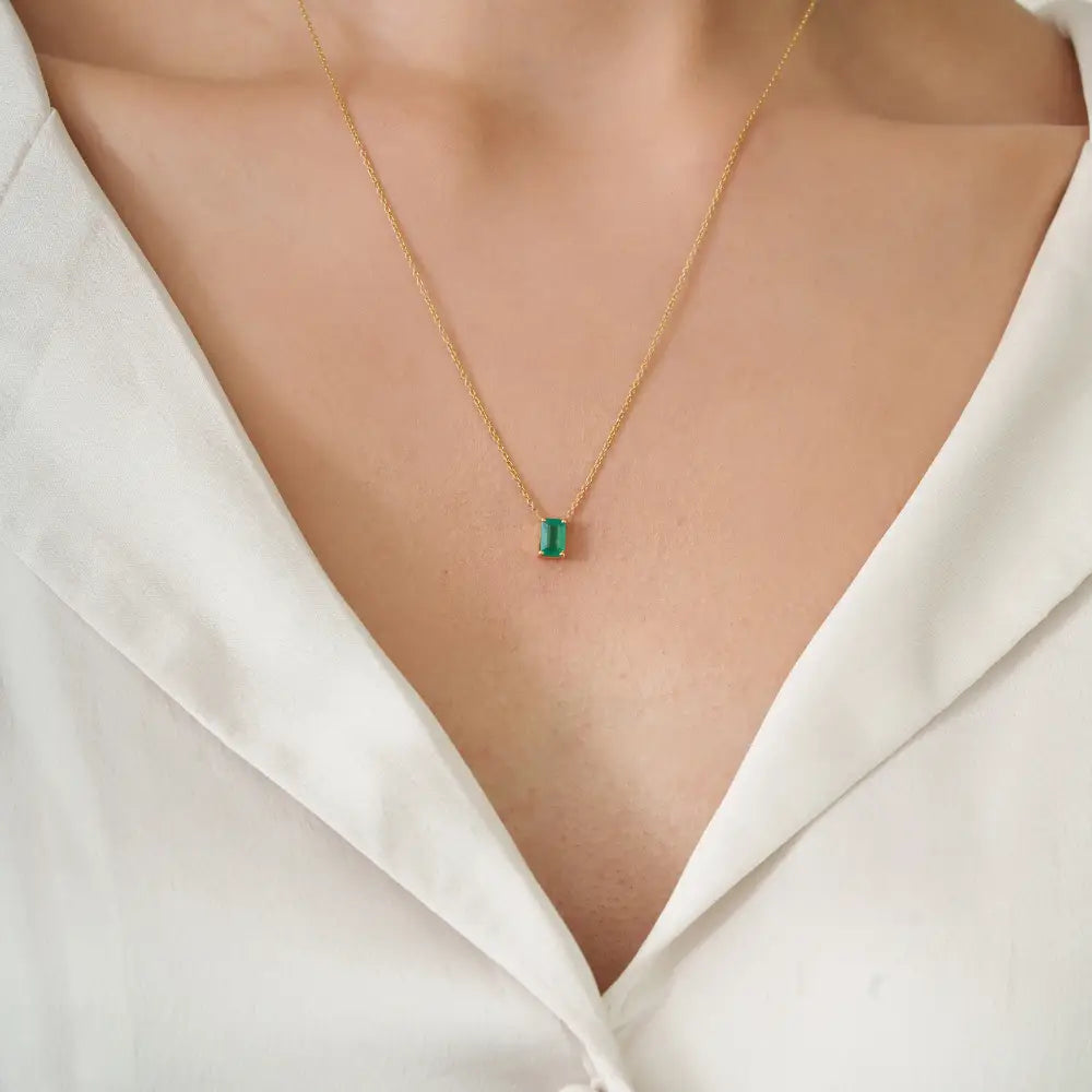 6x4 mm Octagon Cut Emerald Minimal Single Stone Pendant Necklace 18K Solid Gold Jewelry