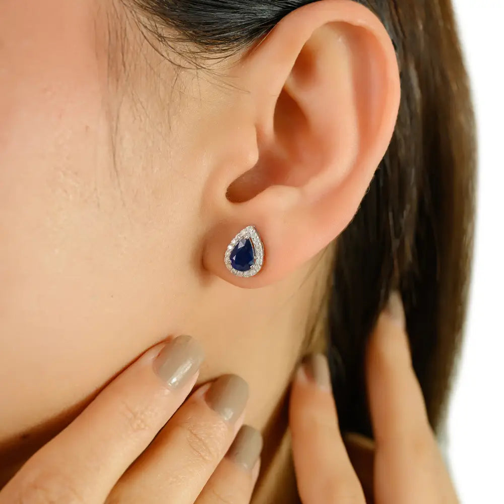 Solid K18 White Gold Blue Sapphire & Diamond Minimal Pear Shape Halo Stud Earrings Women's