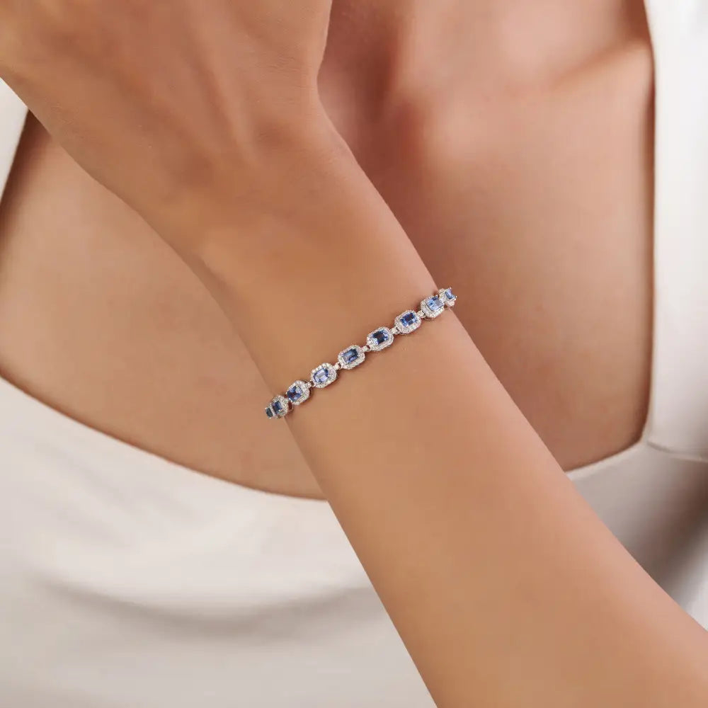 4x3mm Octagon Cut Blue Sapphire & Diamond Halo Tennis Bracelet Real K14 White Gold Jewelry