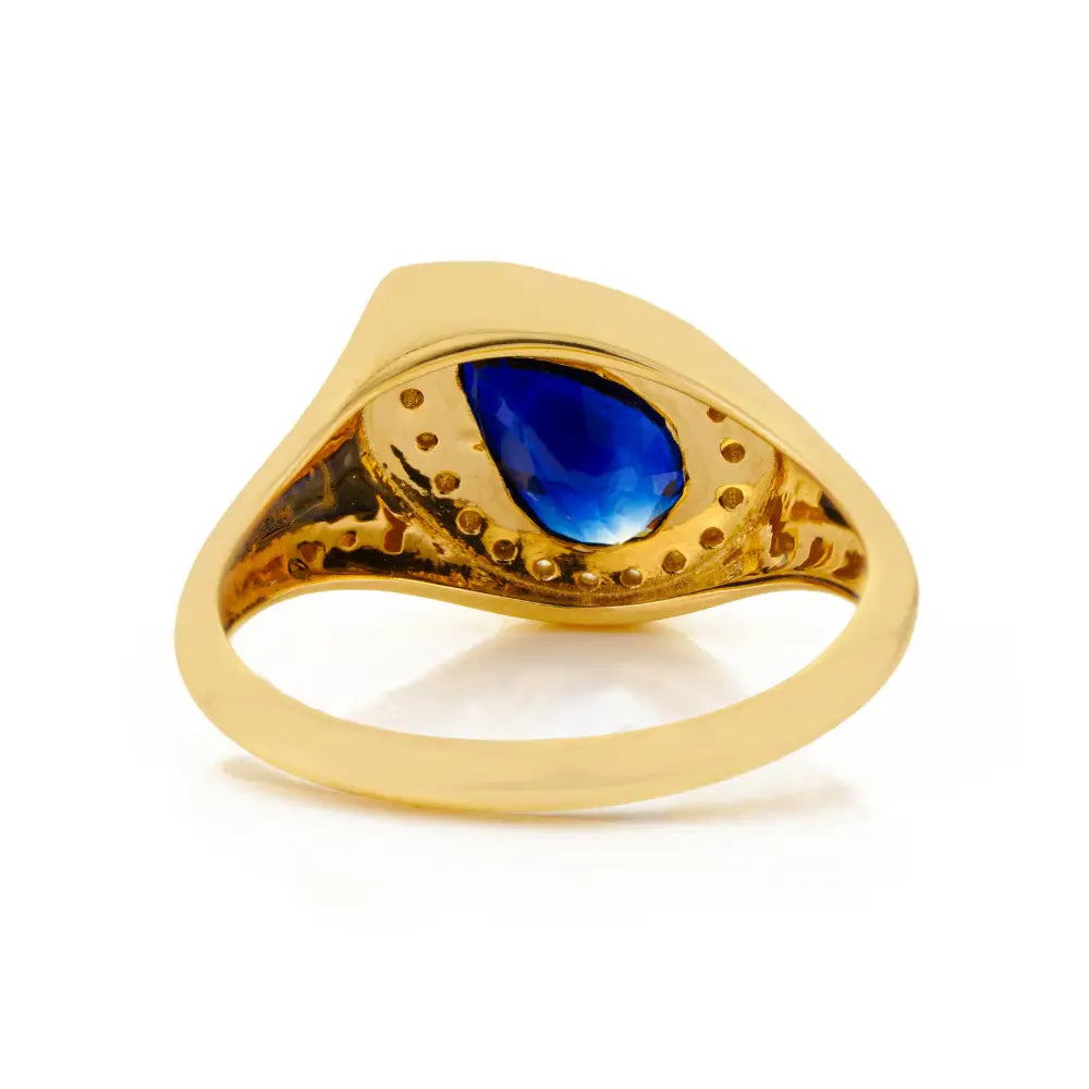 Customized Gemstone Blue Sapphire & Diamond Halo Chunky Signet Ring 14K Yellow Gold