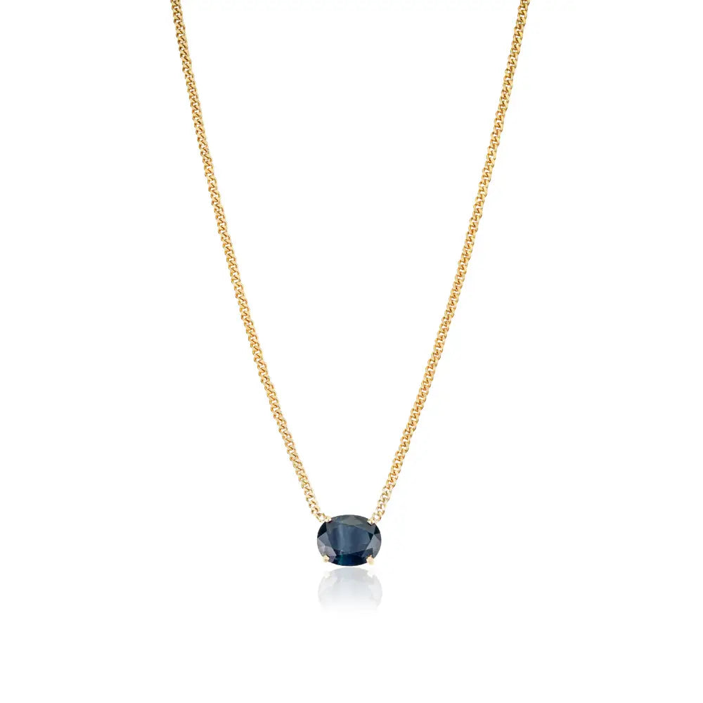 Prong Set Blue Sapphire Miami Cuban Chain Single Stone Pendant Necklace K14 Solid Yellow Gold