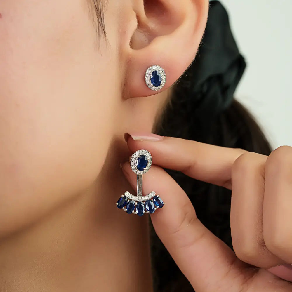 14K White Gold Blue Sapphire & Diamond Curved Shape Convertible Stud to Drop Earrings