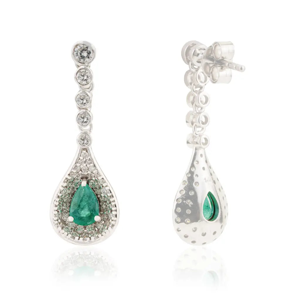 Real K14 White Gold Emerald & Diamond Teardrop Earrings Precious Gemstone Jewelry Supplier
