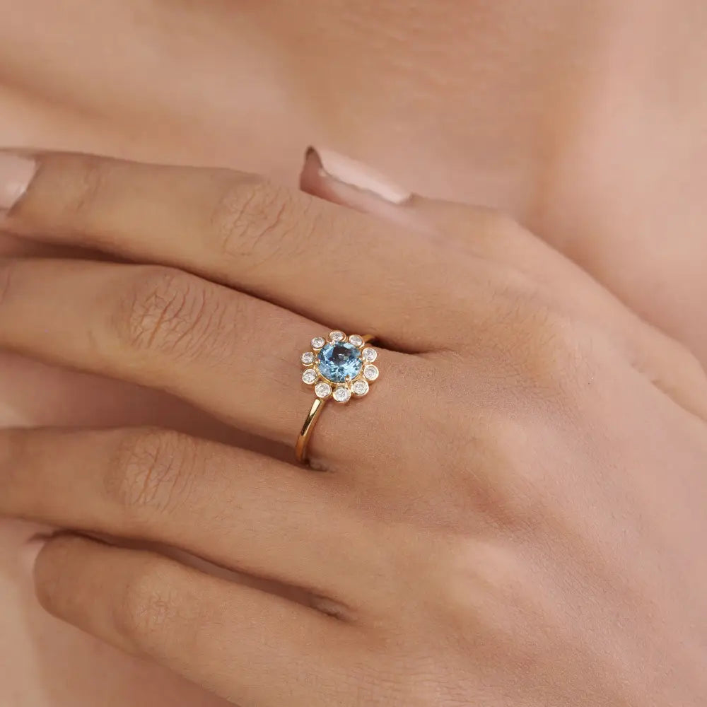 Round Cut Aquamarine & Diamond 14K Yellow Gold Floral Cluster Ring Customized Jewelry