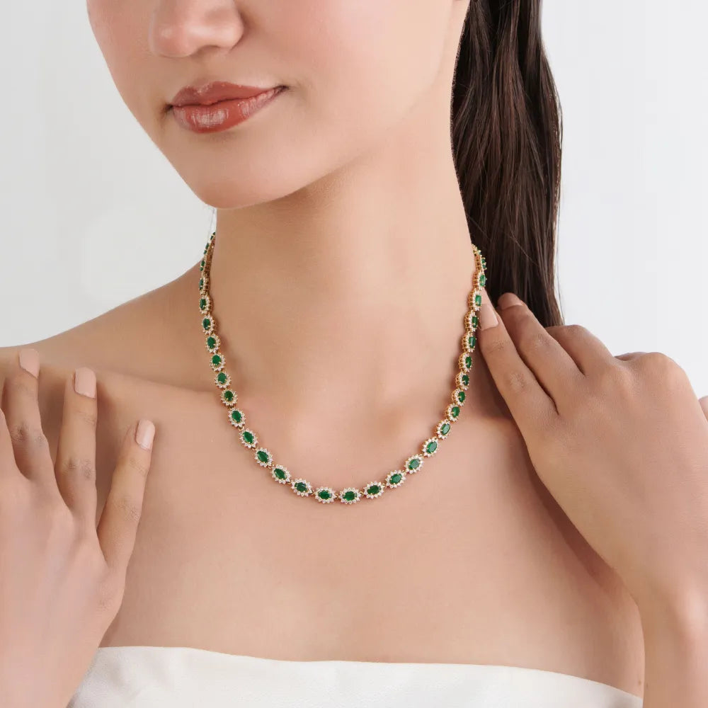 9.88ct. Zambian Emerald & Diamond Pure K14 Yellow Gold Cluster Tennis Necklace May Birthstone Jewelry