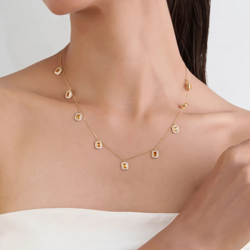 4x3mm Octagon Cut Citrine & Diamond Charm Chain Necklace Fine 14K Solid Yellow Gold Jewelry Manufacturer
