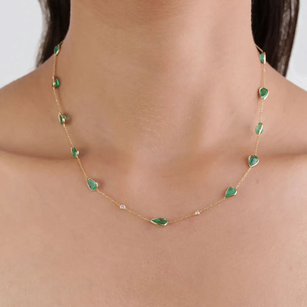 Pear Shape Emerald & Round Cut Diamond Simple Station Chain Necklace For Women's 14K Yellow Gold