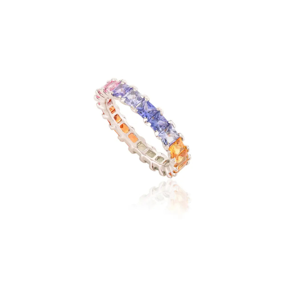 K14 White Gold Natural Square Cut Multi Sapphire Stackable Full Eternity Band Ring