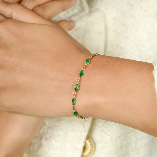 Marquise Shape Emerald 14K Yellow Gold Simple Chain Bracelet For Women Daily Wear