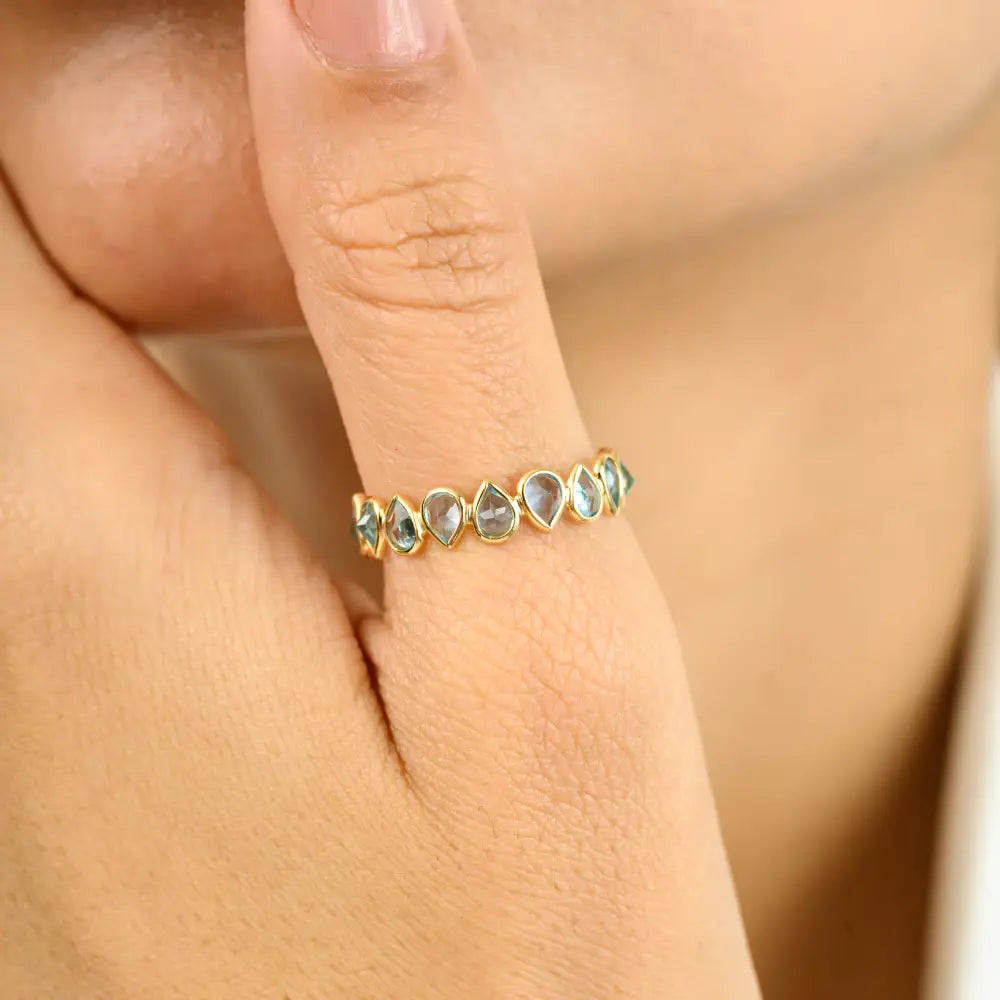 Elegant Style Birthstone Natural Blue Topaz 18K Yellow Gold Eternity Band Ring Custom Jewelry