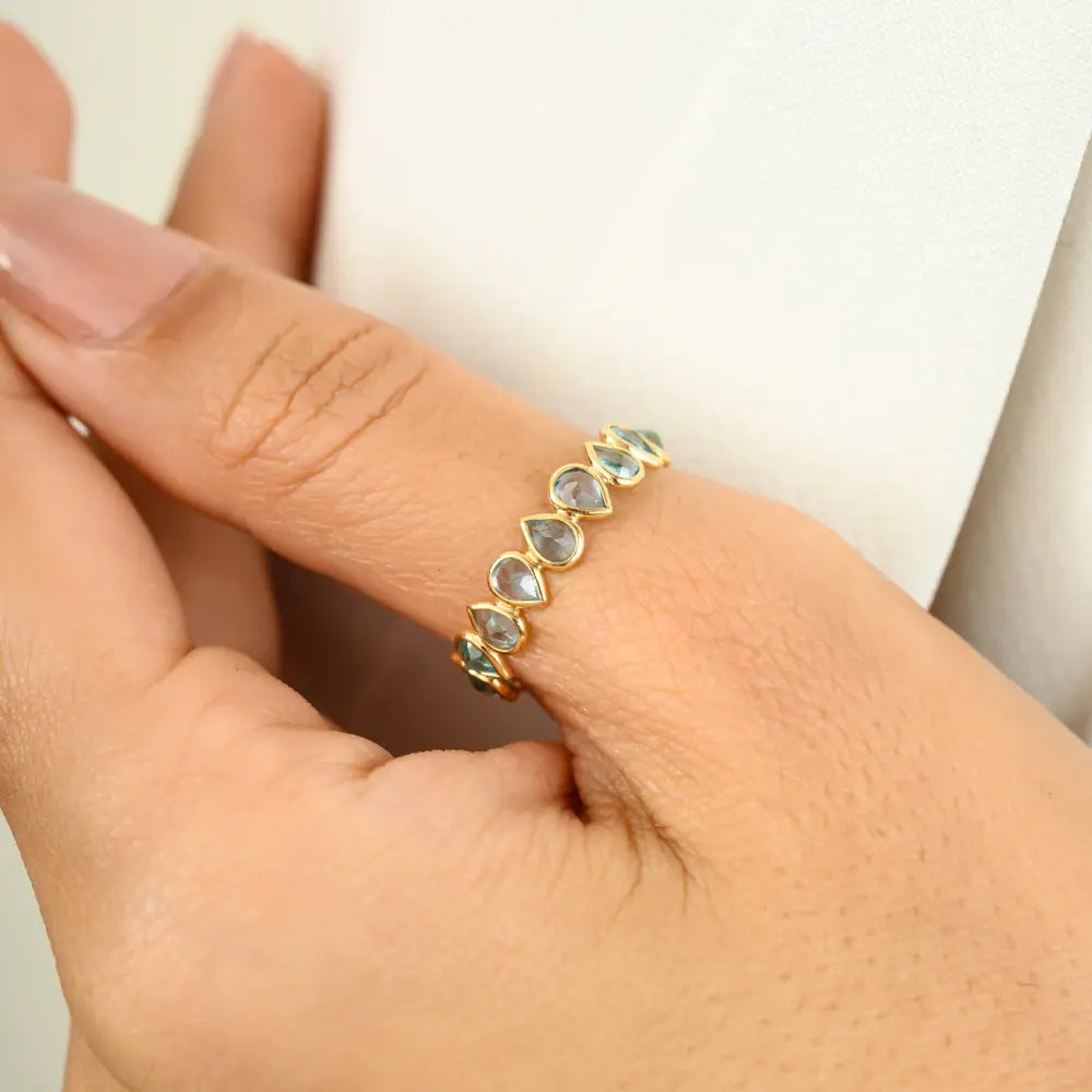 Elegant Style Birthstone Natural Blue Topaz 18K Yellow Gold Eternity Band Ring Custom Jewelry