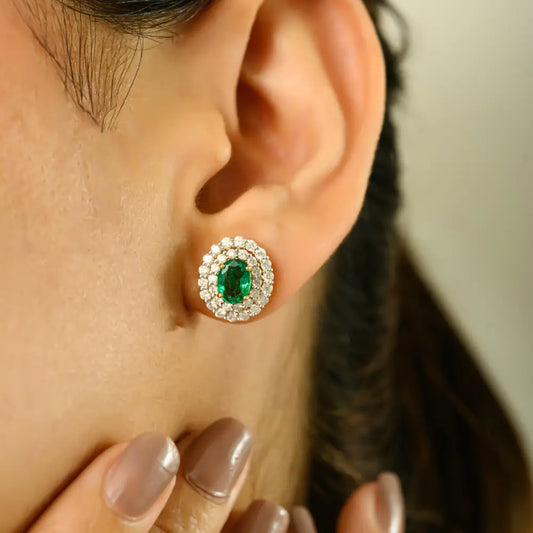 Wholesale Emerald & Diamond Double Halo 18K Real Yellow Gold Stud Earrings Anniversary Gift