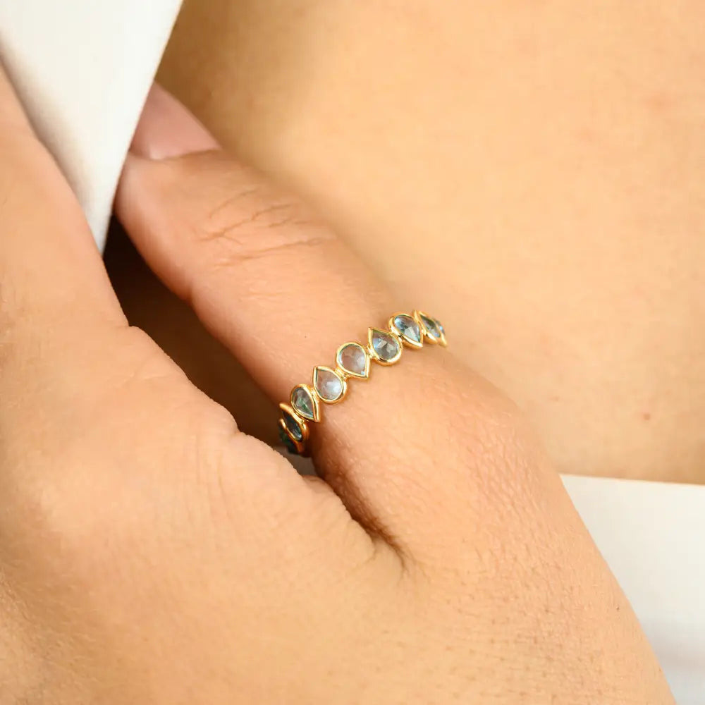 Elegant Style Birthstone Natural Blue Topaz 18K Yellow Gold Eternity Band Ring Custom Jewelry