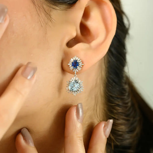 Aquamarine Blue Sapphire & Diamond Drop Earrings For Women Real K14 White Gold Jewelry