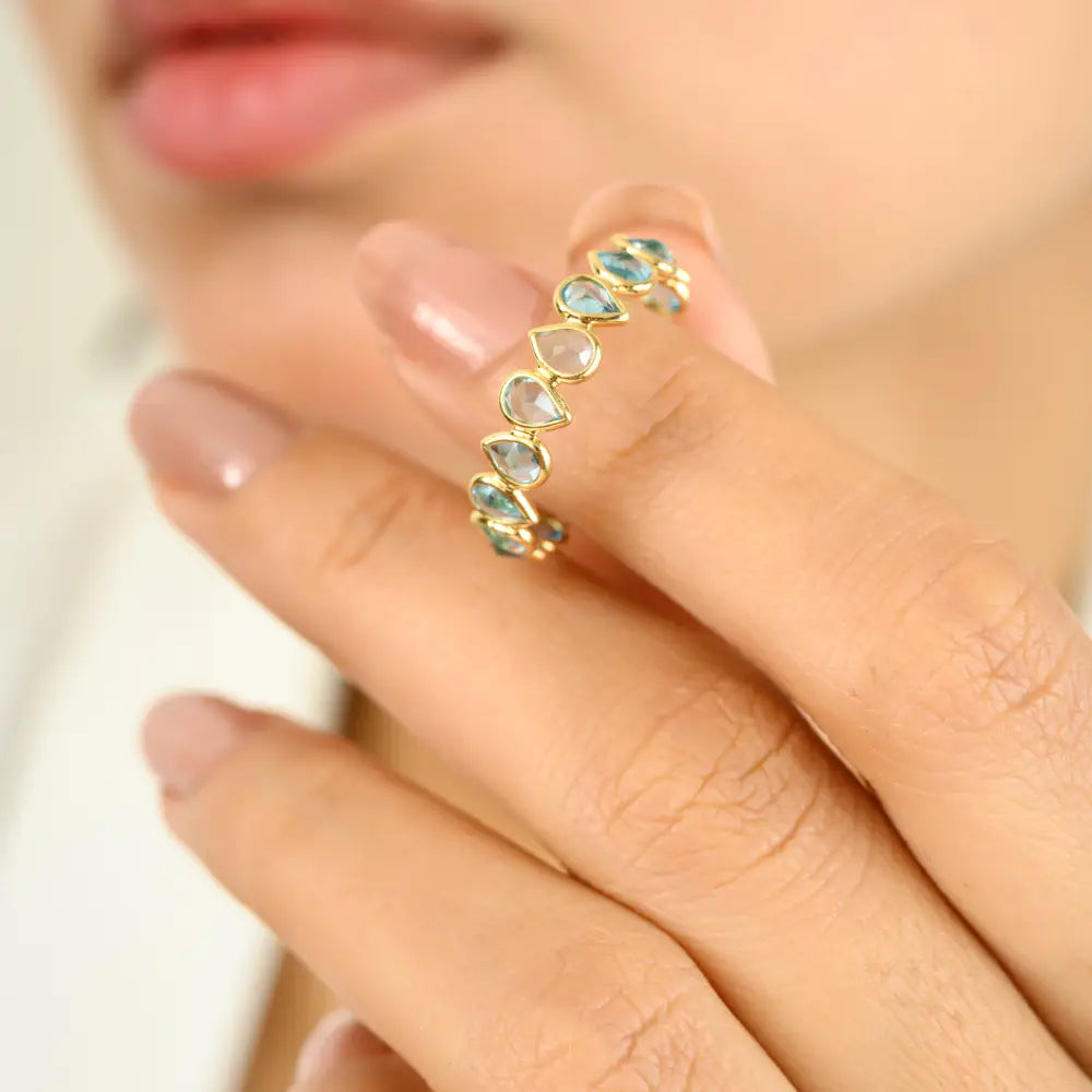 Elegant Style Birthstone Natural Blue Topaz 18K Yellow Gold Eternity Band Ring Custom Jewelry