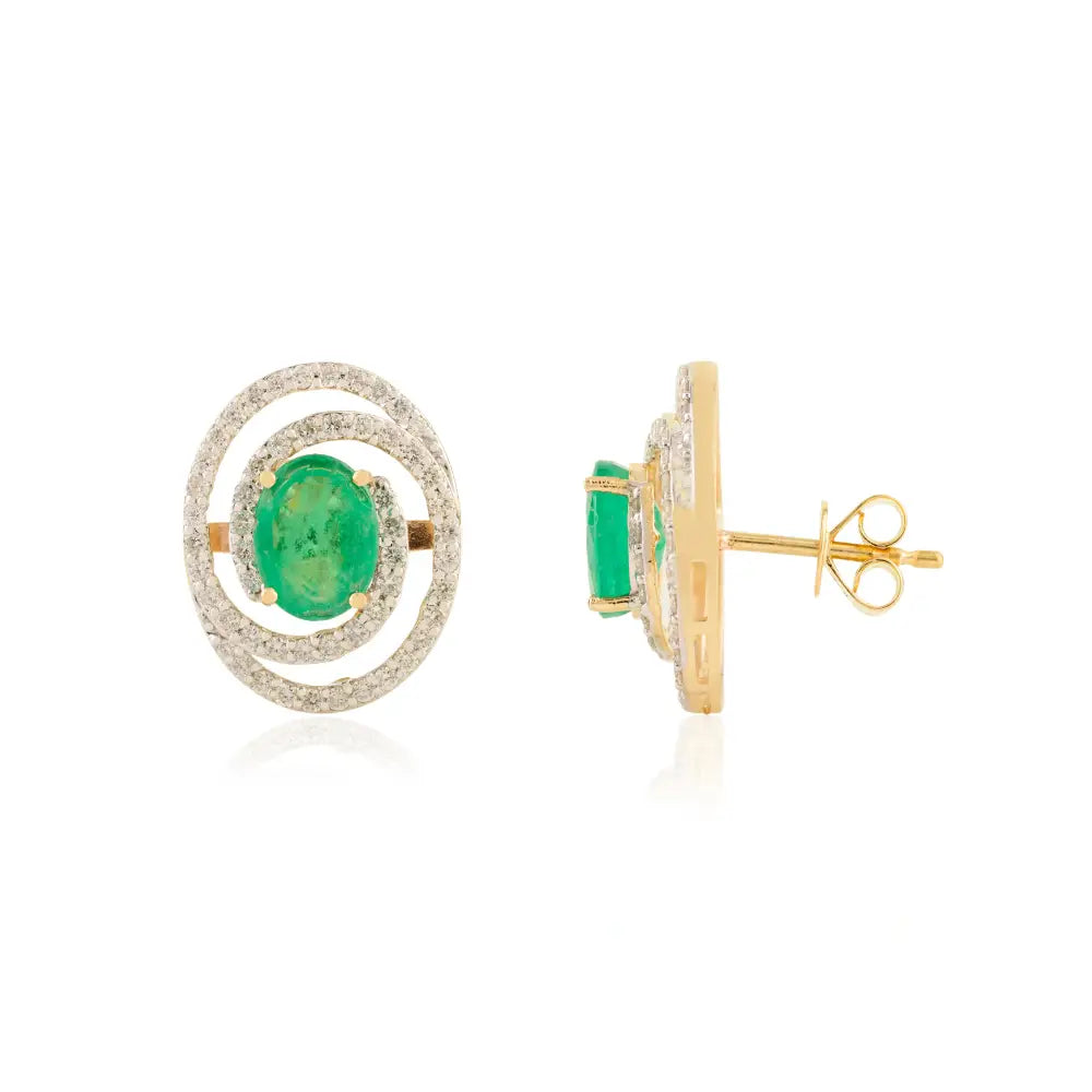 Beautiful Spiral Double Halo Stud Earrings Natural Emerald & Diamond 18K Yellow Gold