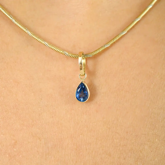 K14 Yellow Gold Blue Sapphire Teardrop Shape Single Stone Pendant Minimalist Jewelry