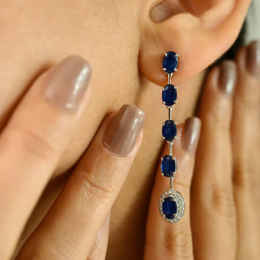 Real K14 White Gold Blue Sapphire & Diamond Long Dangle Earrings Wedding Jewelry