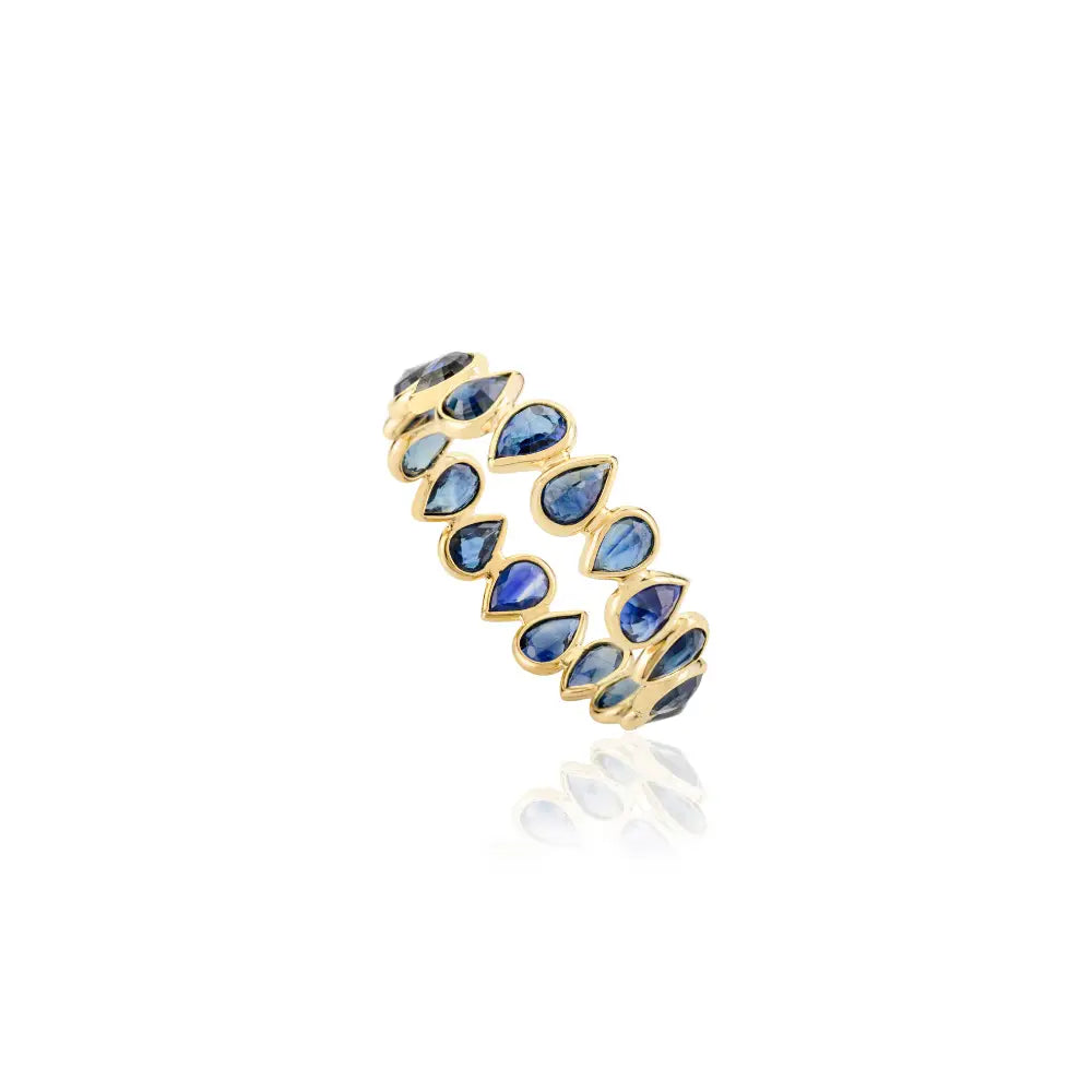 Hot Sale Natural Birthstone Blue Sapphire 18K Real Yellow Gold Eternity Band Ring For Unisex