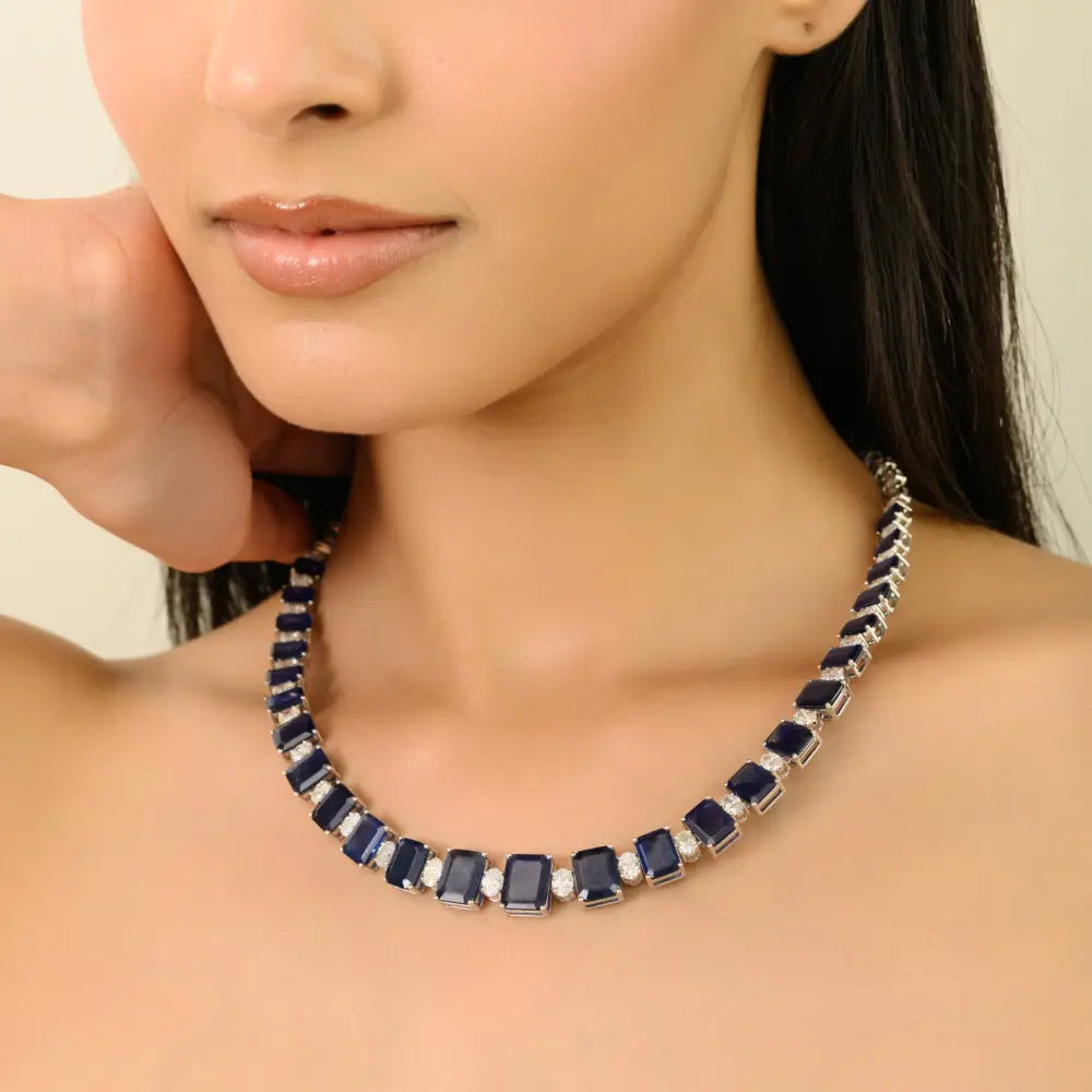 Octagon Shape Blue Sapphire & Oval Cut Diamond Statement Tennis Necklace 18K Solid Gold
