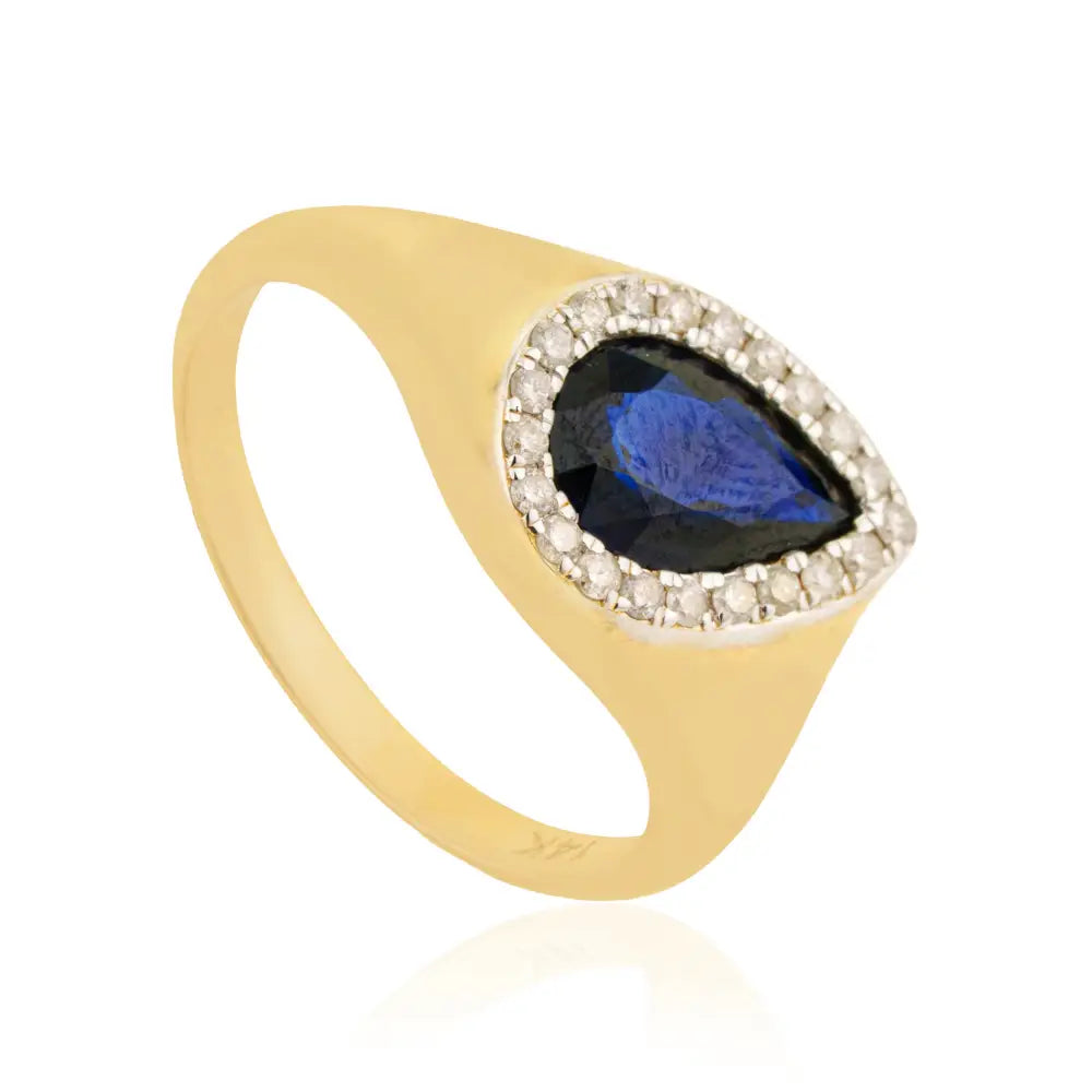 Customized Gemstone Blue Sapphire & Diamond Halo Chunky Signet Ring 14K Yellow Gold