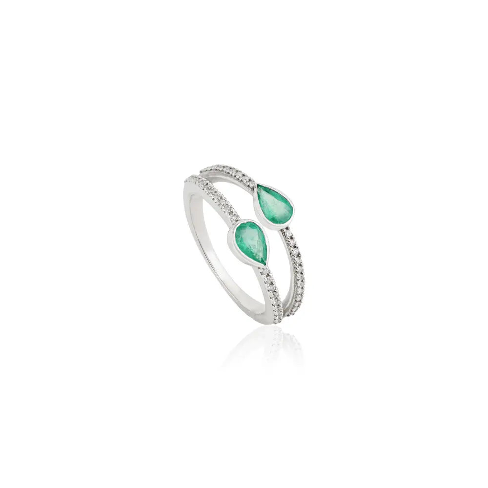 100% Real Emerald & Diamond Double Band Ring Handmade K14 Solid White Gold Latest Jewelry