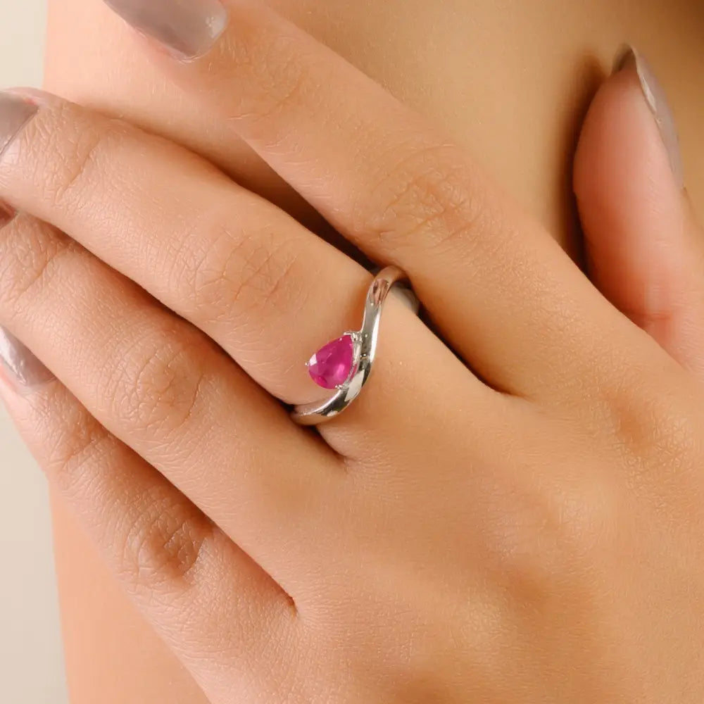 Pear Shape Ruby July Birthstone Wavy Shape Curve Ring Valentine's Day Gift 14K Real Gold