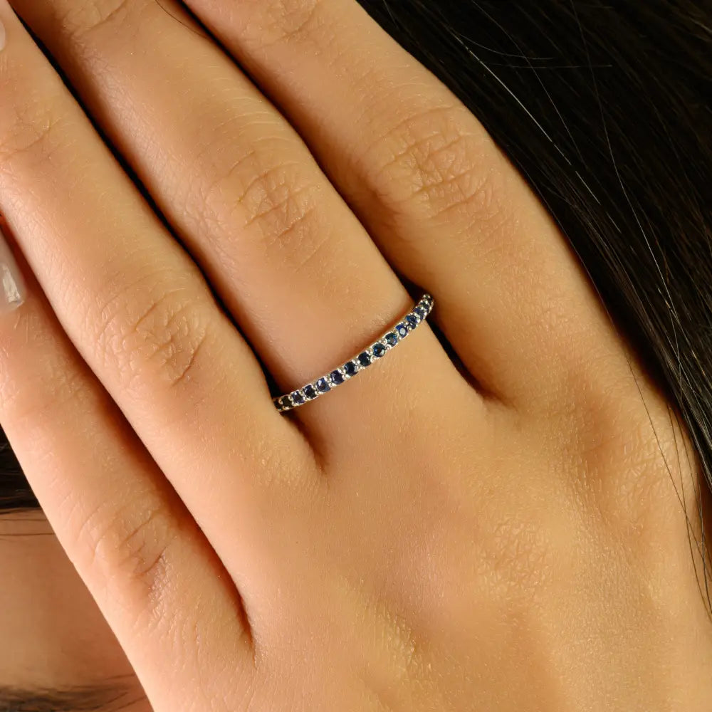 Pave Setting Blue Sapphire Minimalist Stacking Band Ring Graduation Gift 14K White Gold