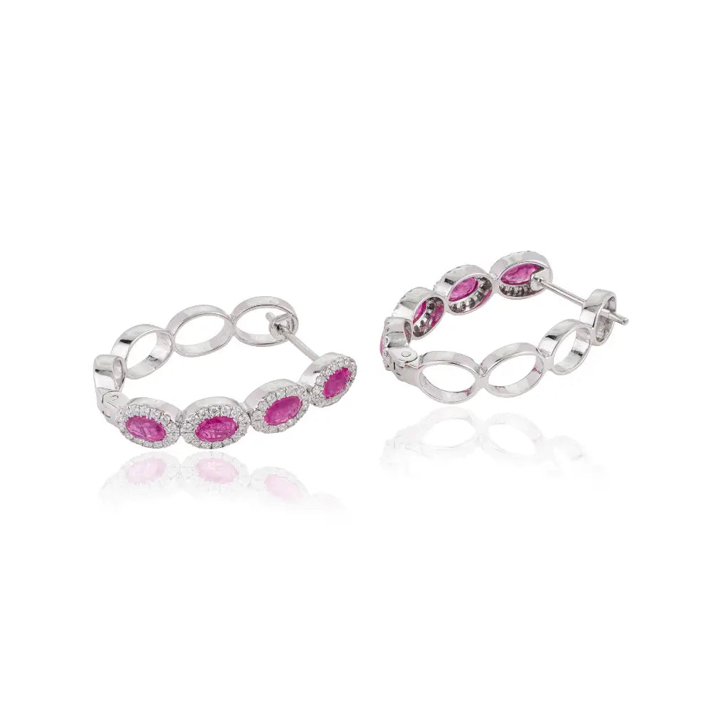 100% Genuine Ruby & Diamond Halo Hoop Earrings Bold Jewelry For Women's 14K White Gold