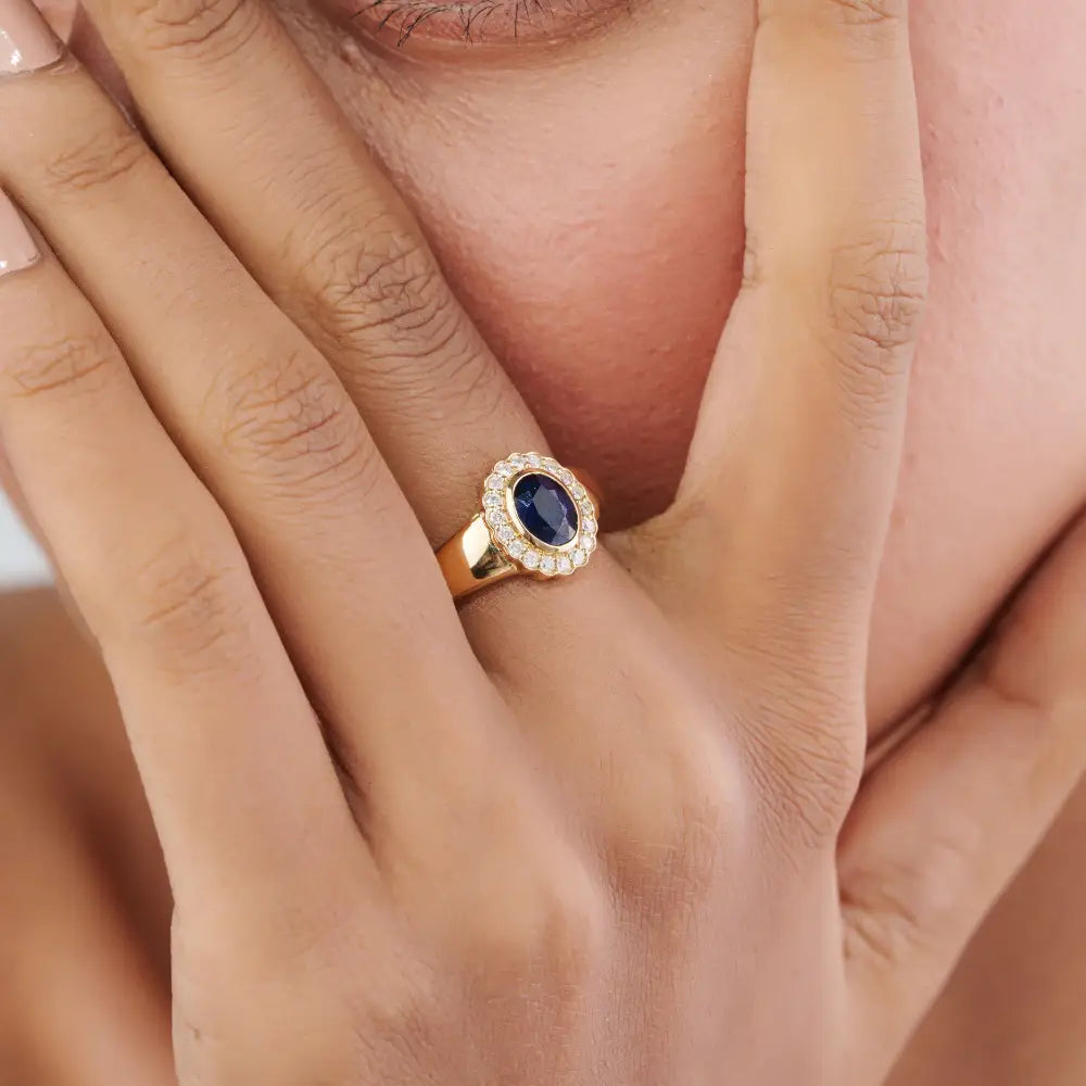14K Solid Yellow Gold Blue Sapphire & Diamond Halo Signet Ring For Men's Wedding Jewelry