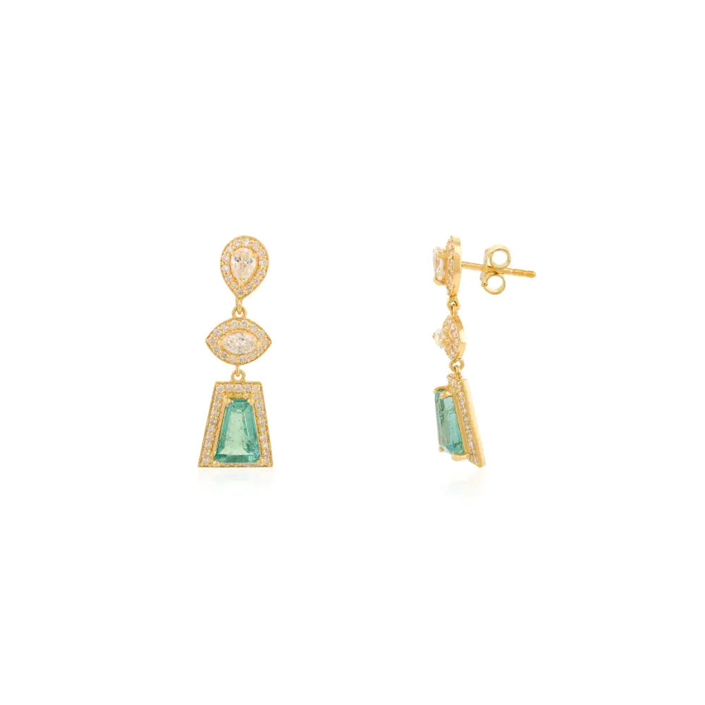 New Style 18K Yellow Gold Emerald & Diamond Statement Dangle Earrings Handmade Jewelry