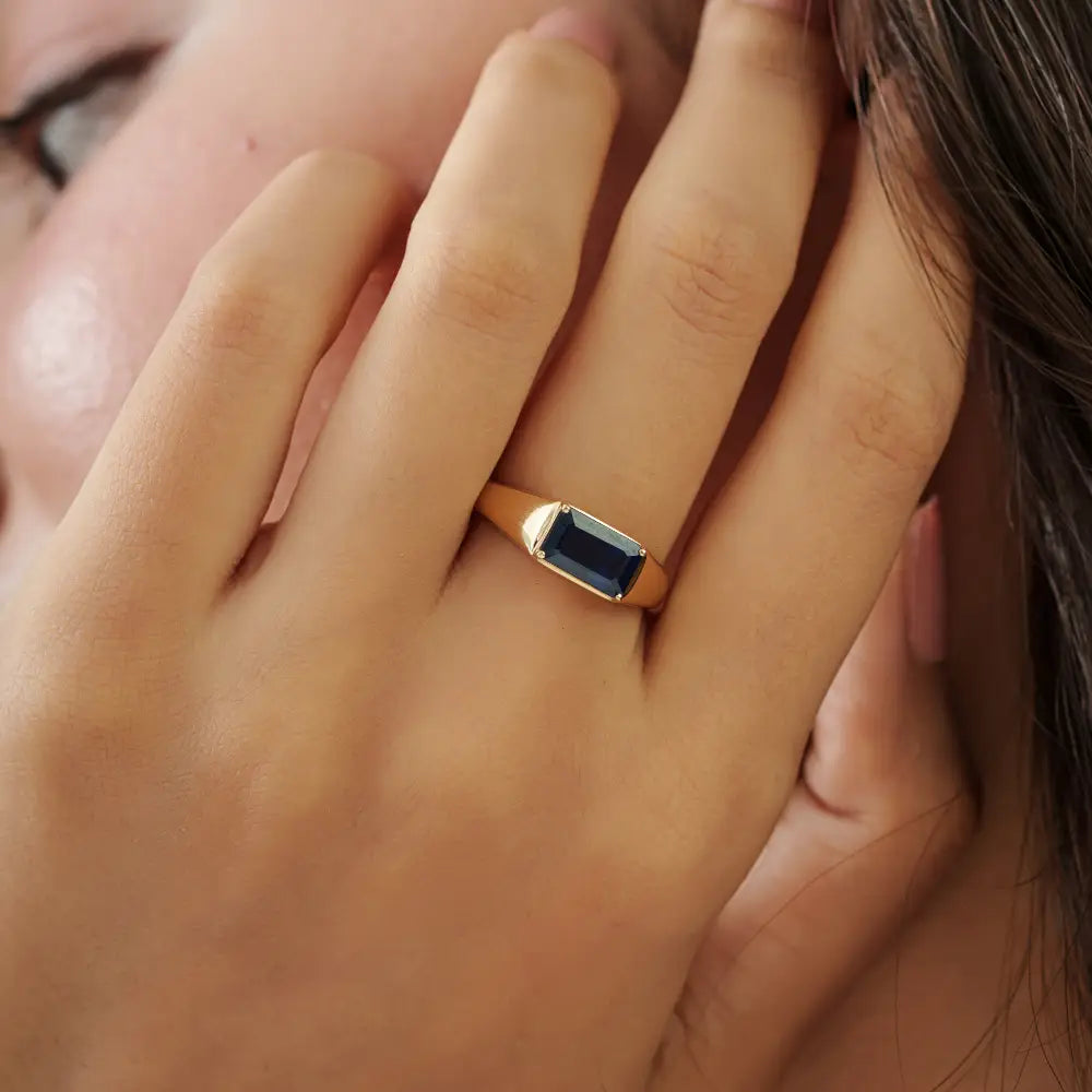 6x9 mm Octagon Cut Blue Sapphire Chunky Signet Ring For Men's 14K Real Yellow Gold Jewelry
