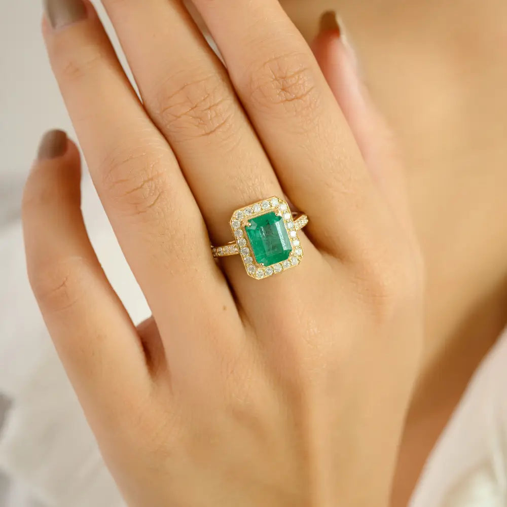 9x7mm Zambian Emerald & Diamond Pure 14K Yellow Gold Engagement Ring May Birthstone