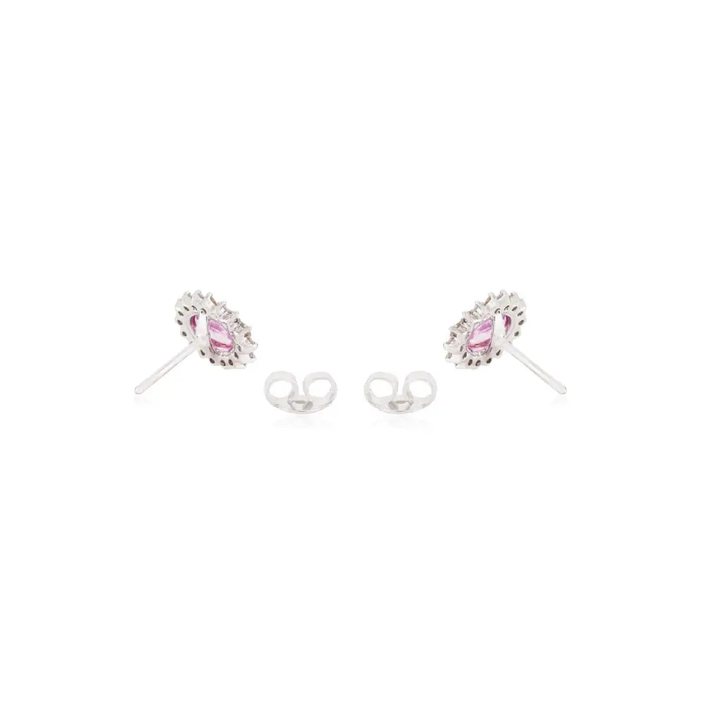 K14 White Gold Bezel Set Pink Sapphire & Diamond Cluster Halo Stud Earrings Handmade Jewelry