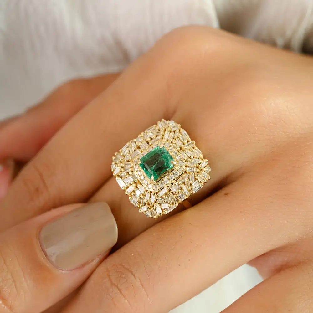 6x5mm Octagon Cut Emerald & Diamond Bold Wedding Ring Pure 14K Yellow Gold Fine Jewelry