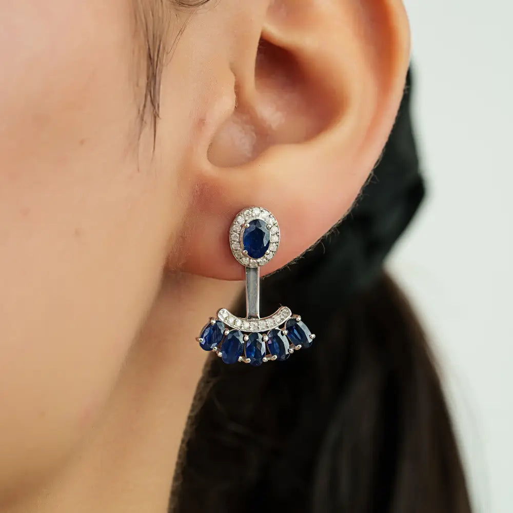 14K White Gold Blue Sapphire & Diamond Curved Shape Convertible Stud to Drop Earrings