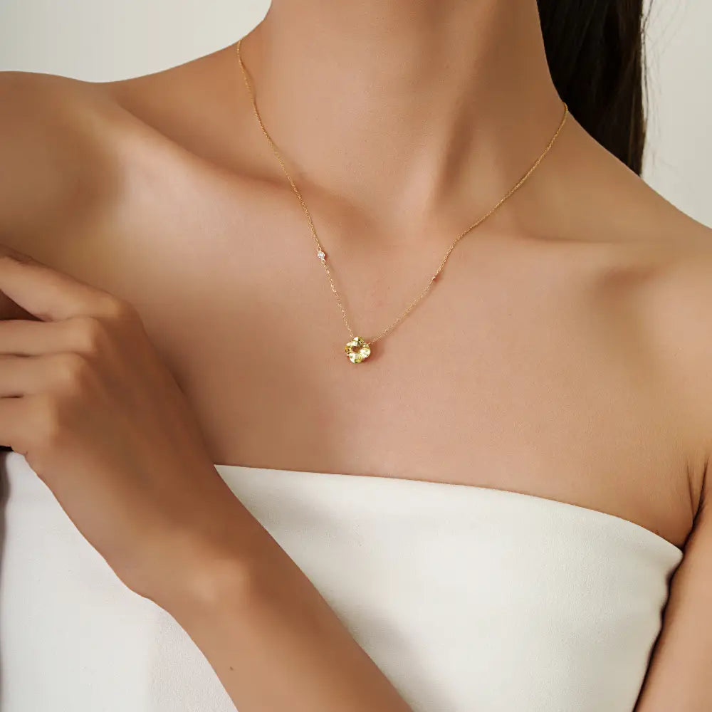 Trending New Design Lemon Topaz & Diamond Clover Shape Pendant Necklace 14K Gold