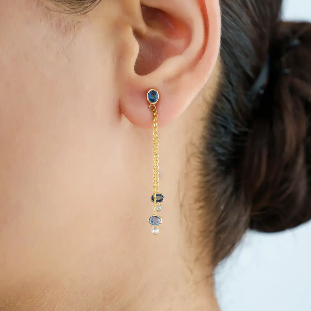 Delicate Design K18 Yellow Gold Blue Sapphire & Diamond Double Link Chain Dangle Earrings