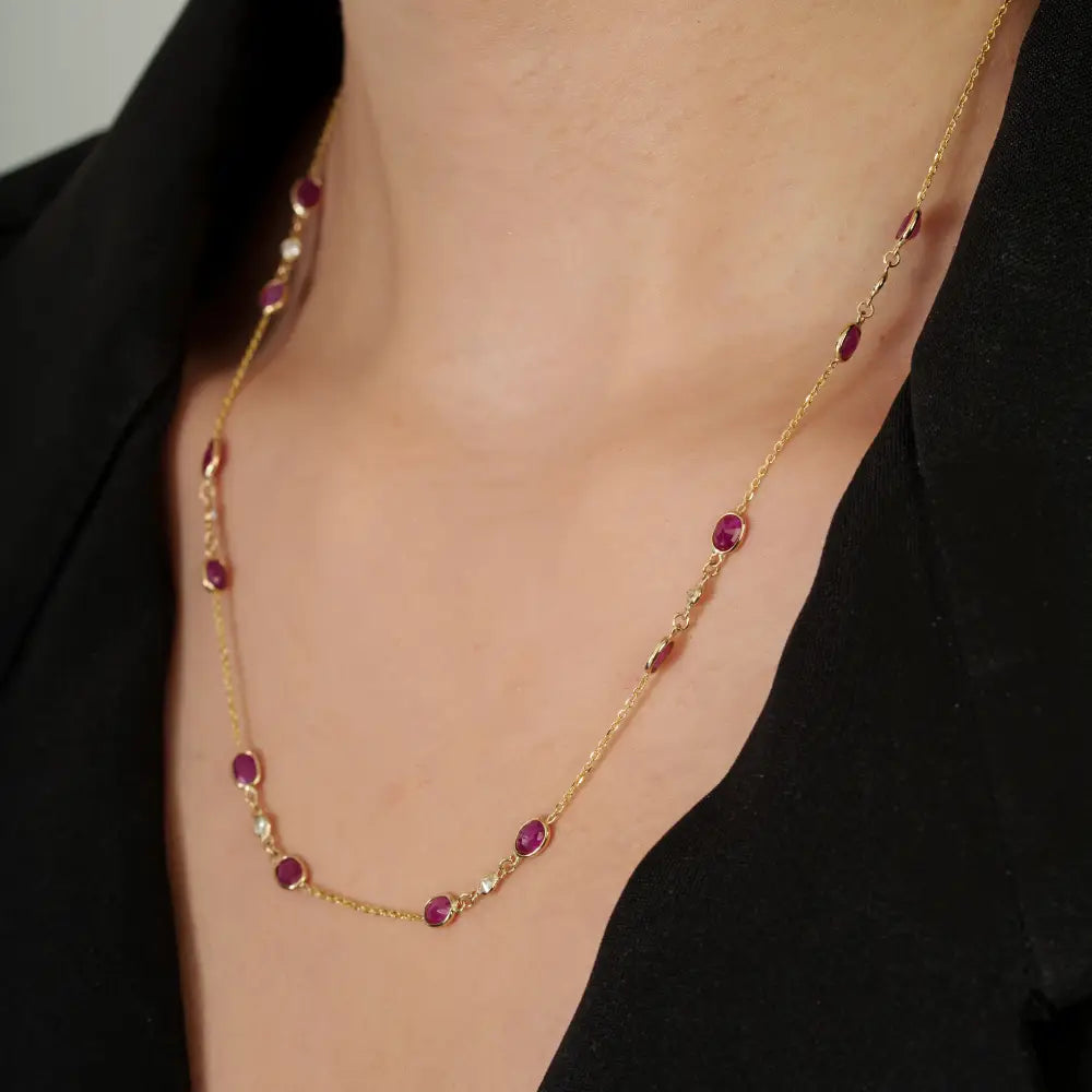 14K Solid Yellow Gold Ruby & Diamond Dainty Station Chain Necklace Mother's Day Gift Jewelry