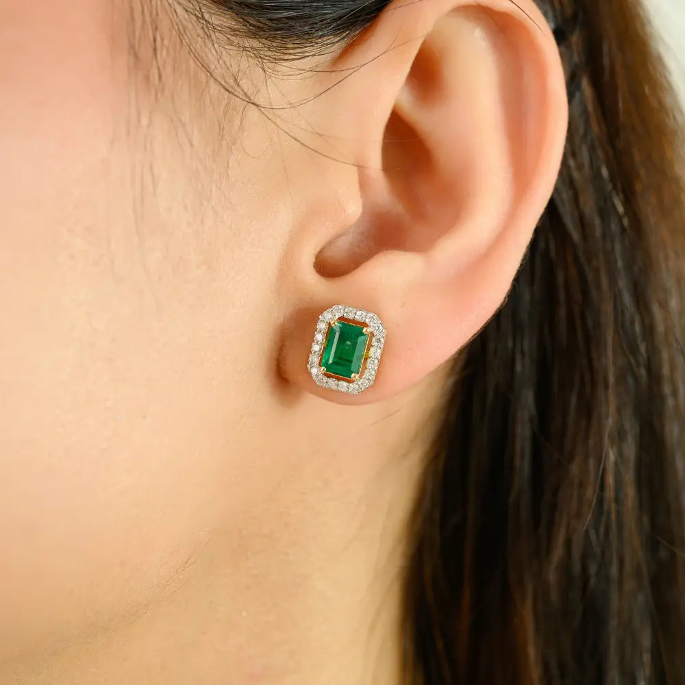 7x5mm Octagon Cut Emerald & Diamond 18K Yellow Gold Halo Stud Earrings For Women's