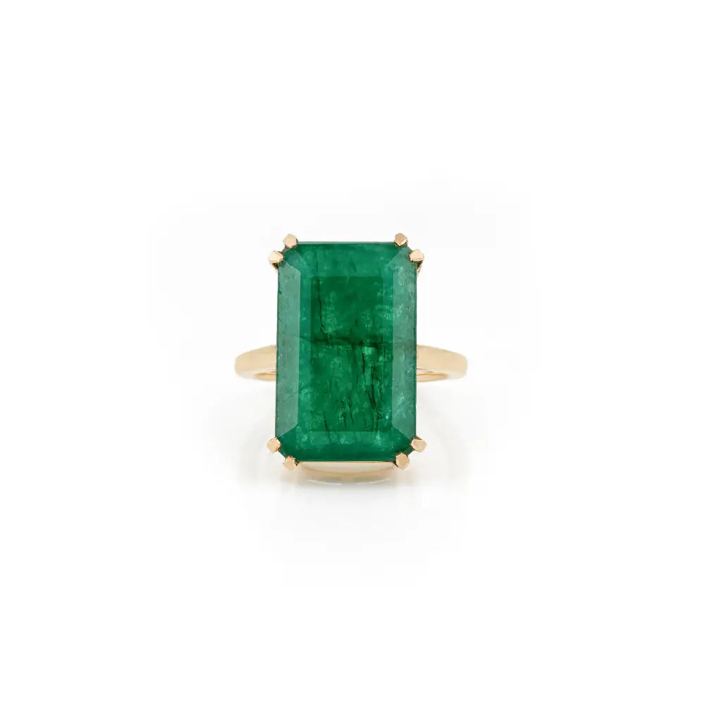 Double Prong Set 12.6 Ct. Emerald Single Stone Ring Wedding 18K Pure Yellow Gold Jewelry