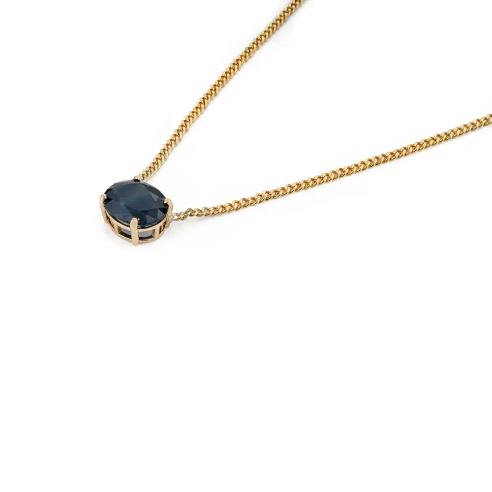 Prong Set Blue Sapphire Miami Cuban Chain Single Stone Pendant Necklace K14 Solid Yellow Gold
