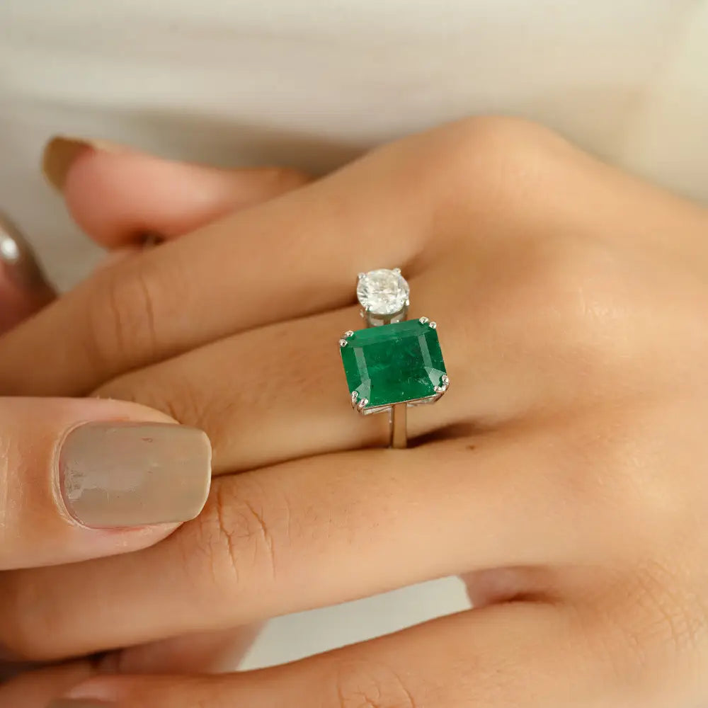 Precious Gemstone Double Prong Set Emerald & Diamond 14K White Gold Open Ring Unisex