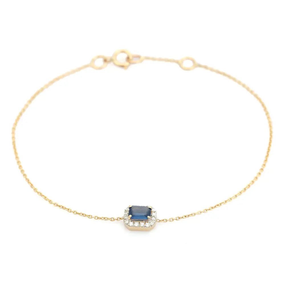 New Trendy 14K Yellow Gold Blue Sapphire & Diamond Solitaire Halo Bracelet Stacking Jewelry