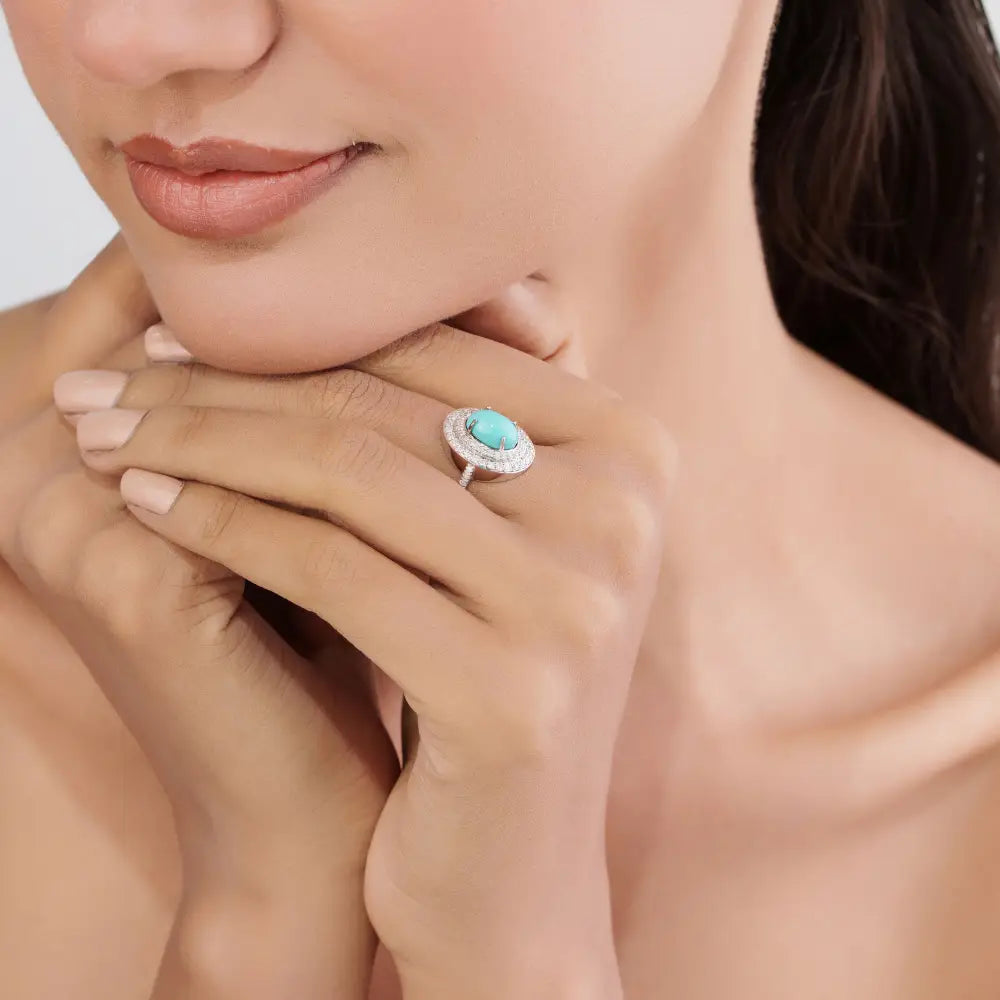 9x6mm Oval Turquoise & Diamond Double Halo Ring For Men's Best Selling Jewelry 14K Gold