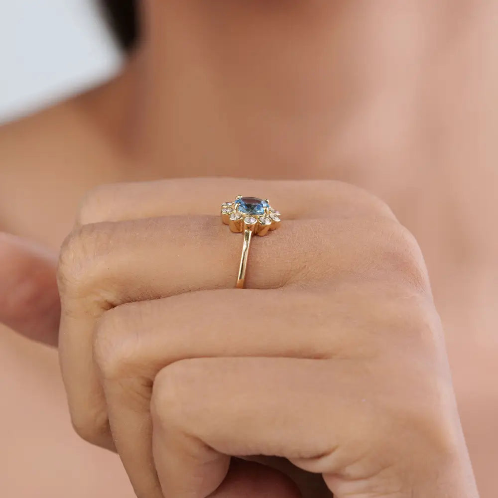 Round Cut Aquamarine & Diamond 14K Yellow Gold Floral Cluster Ring Customized Jewelry
