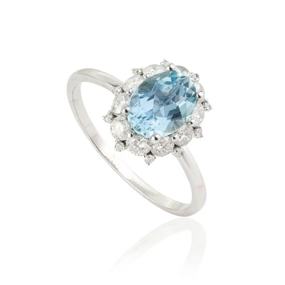 Prong Set Aquamarine & Diamond Cluster Ring New Trendy 14K White Gold Fine Jewelry