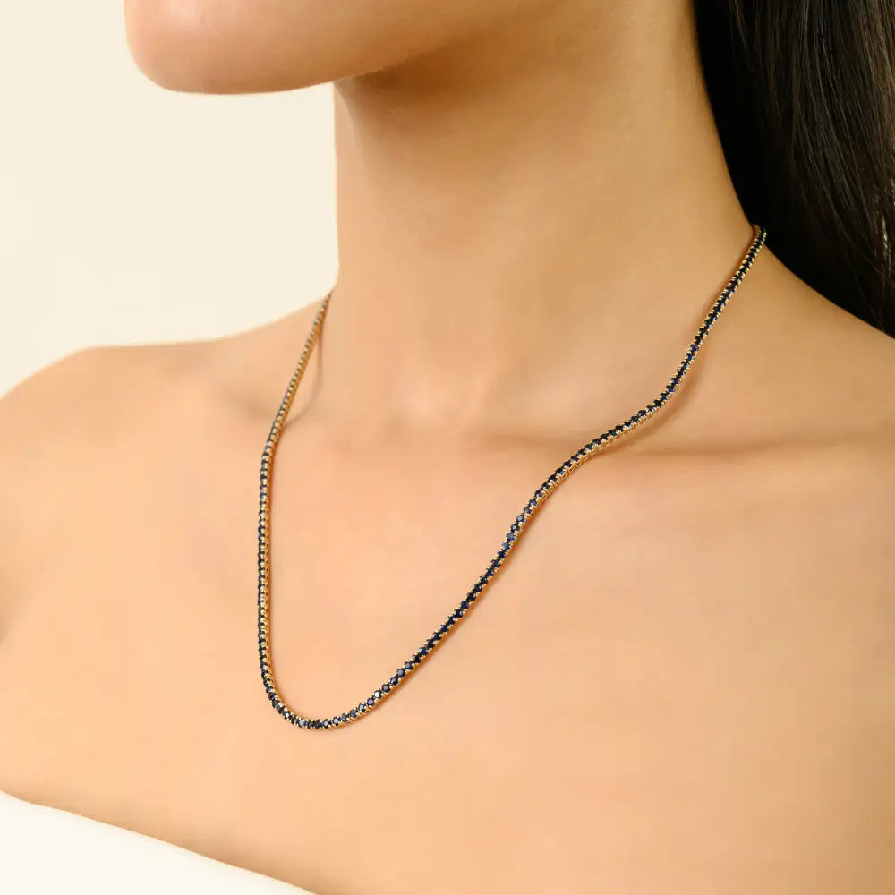New Trendy 14K Real Yellow Gold Blue Sapphire Sleek Tennis Necklace Party Wear Jewelry