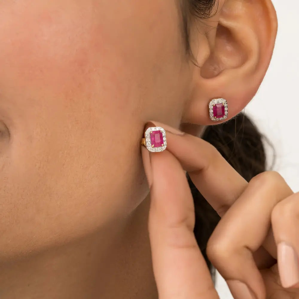 Prong Set Ruby & Diamond Simple Design K14 Yellow Gold Halo Stud Earrings Women's Gift