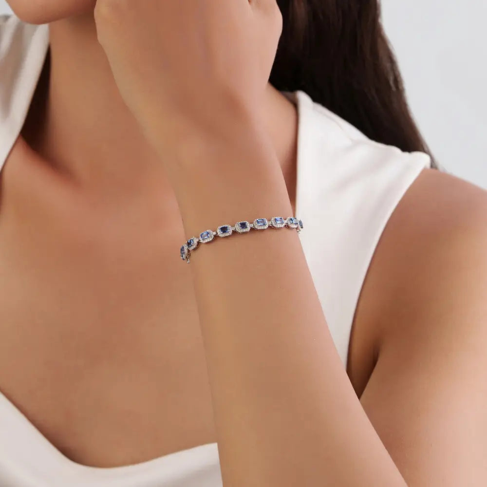 4x3mm Octagon Cut Blue Sapphire & Diamond Halo Tennis Bracelet Real K14 White Gold Jewelry